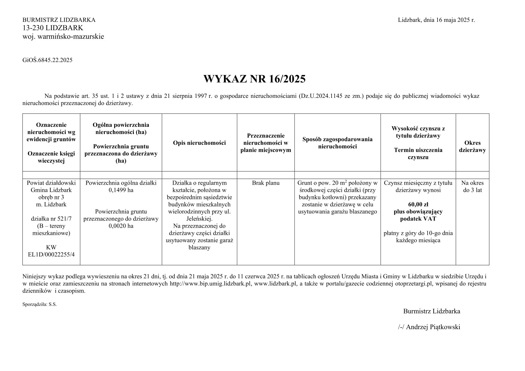 Wykaz Nr 16/2025 - Nieruchomość gruntowa do dzierżawy - obr. 3 m. Lidzbark dz. nr 521/7